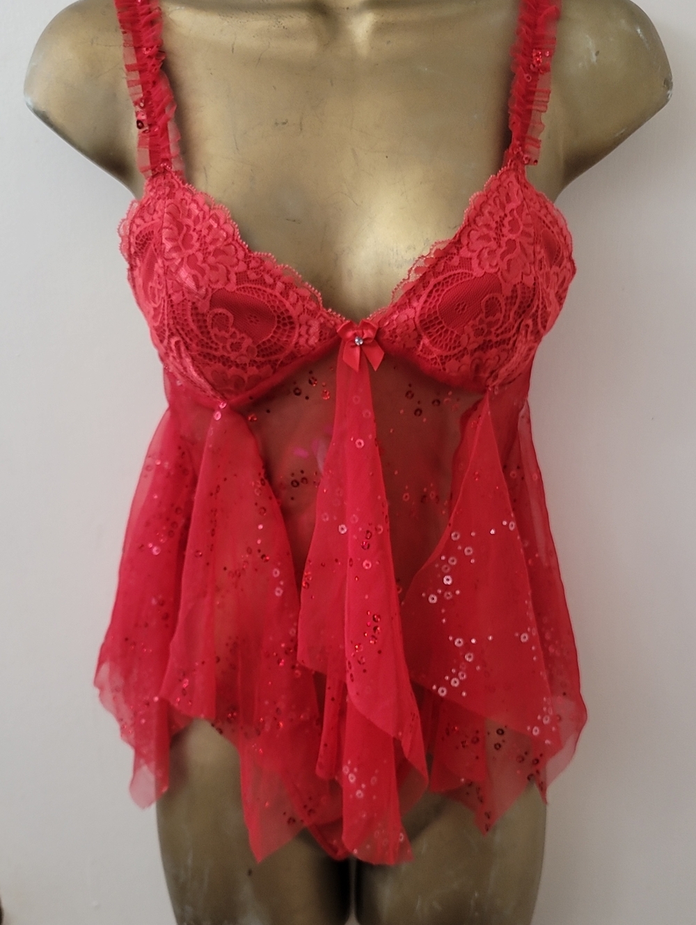 Lace & Sequin Sheer Babydoll Nightwear - Red